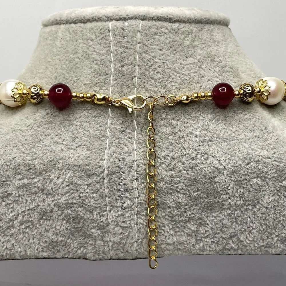 Stunning Green Red Gemstone Freshwater Pearl Beaded Necklace Gold Plated 23